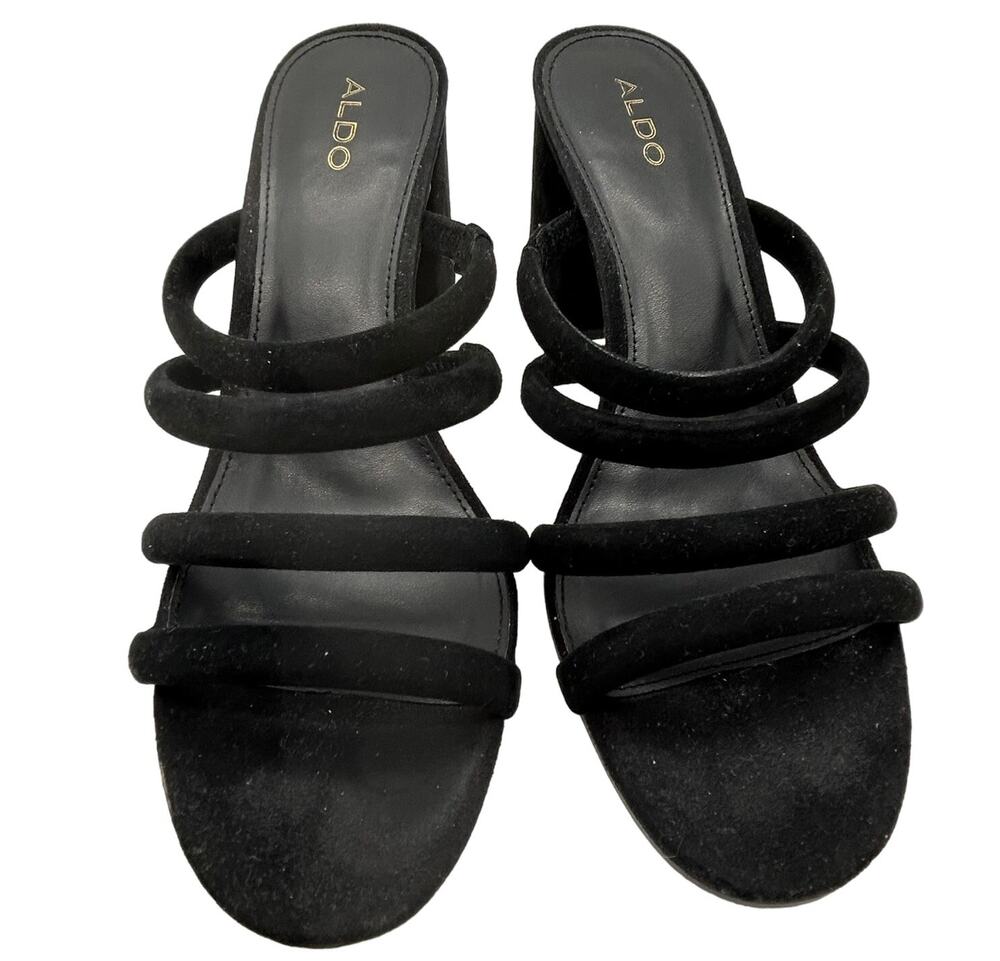 Aldo Weinreich Suede Strappy Block Heel SIZE 8.5 Black Mule Sandal In Box Sexy